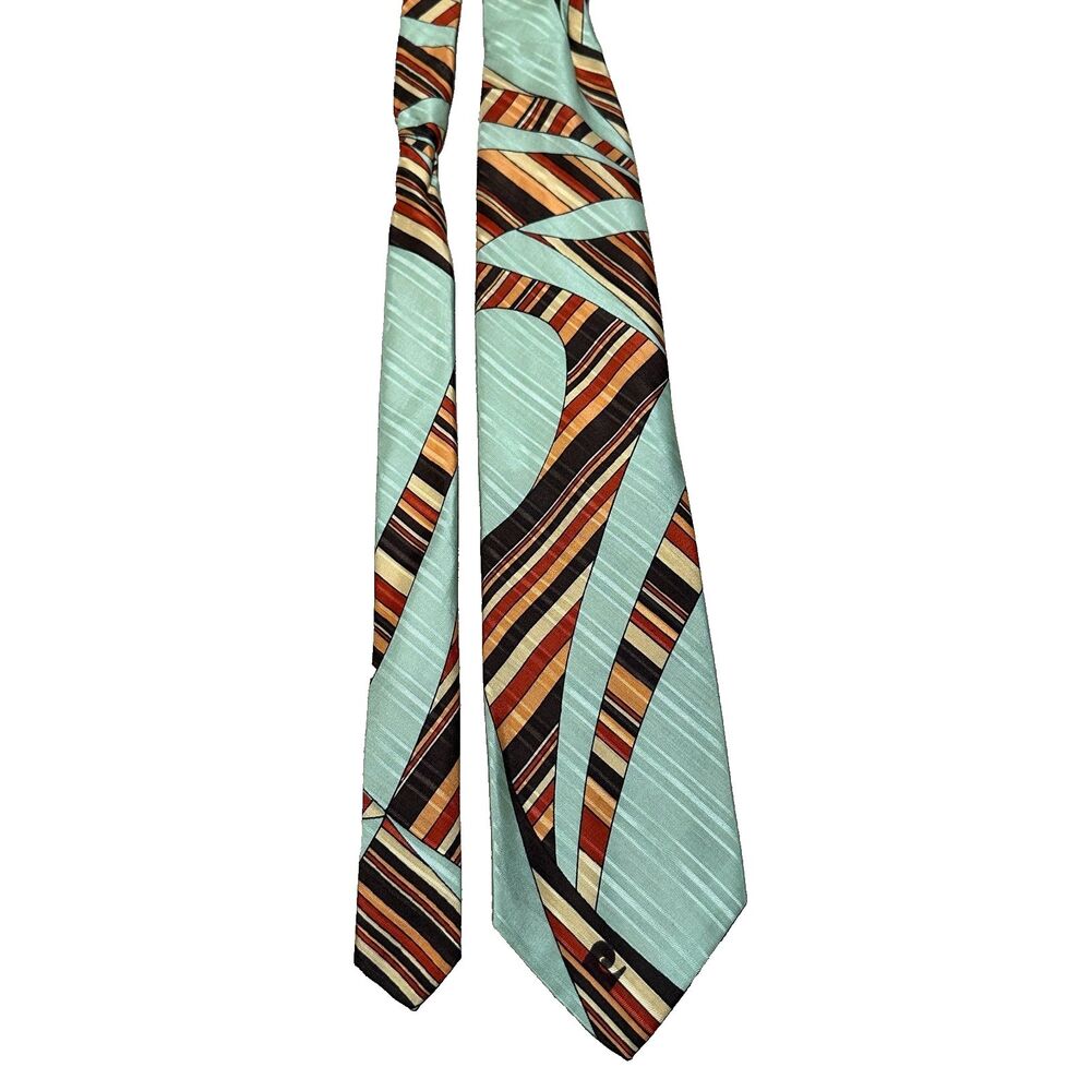 Vintage 70s Pierre Cardin Paris New York Tie Abstract Aqua Geometric 54" x 3.75”